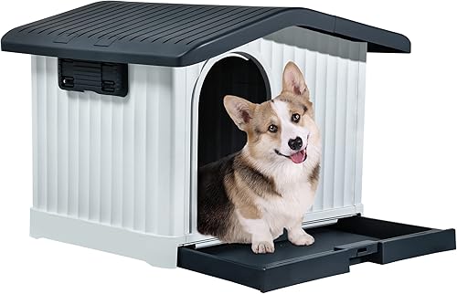 Miniatura 8 de YITAHOME Casa grande de plástico para perros con techo elevable, refugio para cachorros para interiores y exteriores, con base desmontable y ventana