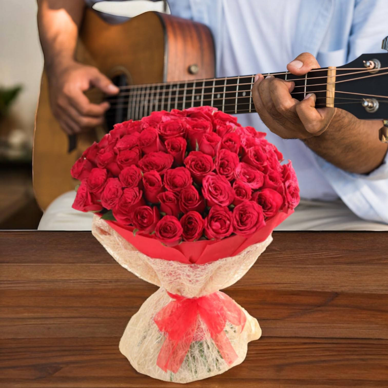 Beyond Gifts Fresh Flowers Bouquet With 20 mins Guitarist Performance at doorstep | Perfect Birthday, Anniversary surprise for Husband, Wife, Mom, Dad (75 Red Roses N Guitarist)-image-3