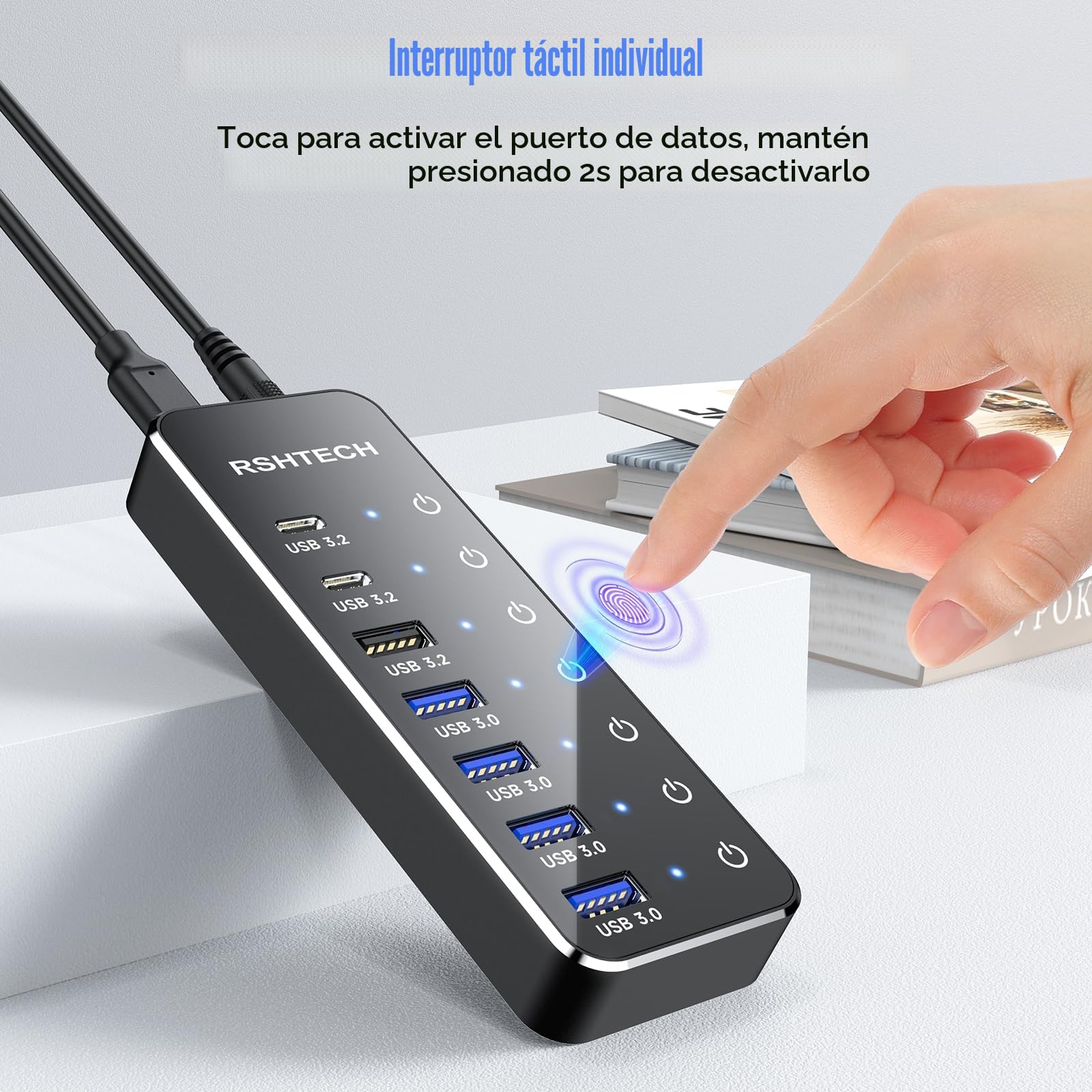 Hub USB Alimentado, RSHTECH Hub USB 3.2/USB C de 7 Puertos con 3 * 10Gbps Puertos Datos (USB-A, 2*USB-C), 4 * 5Gbps Puertos USB 3.0, Interruptor Táctil, Cable Datos 2 en 1(100cm), 5V/3A, RSH-ST07C