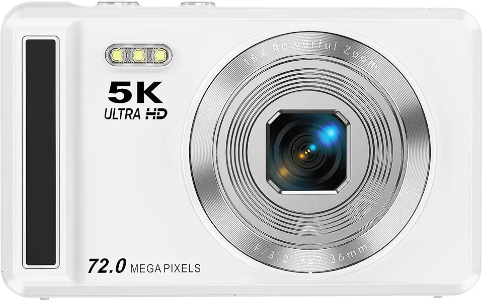 Câmera Digital 5K 72MP,Fotográfica para Vlog, Tela IPS de 2.8 Polegadas para fotografia, Flash, Câmera Compacta, Branco