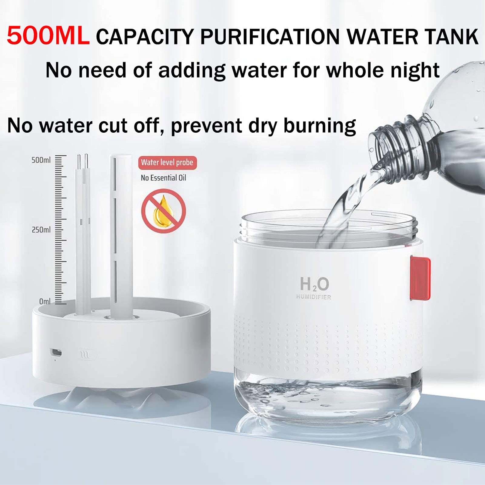 500ml Cool Mist NawilżAcz Powietrza Cichy UltradźWięKowy NawilżAcz USB z Lampką Nocną, Bezwodnym Automatycznym WyłąCzaniem, do Domu, Jodze, Biurze(Color:niebieski)