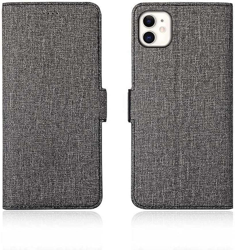 Housse antichoc pour iPhone 11 étui folio magnétique en lin gris avec fentes cartes
