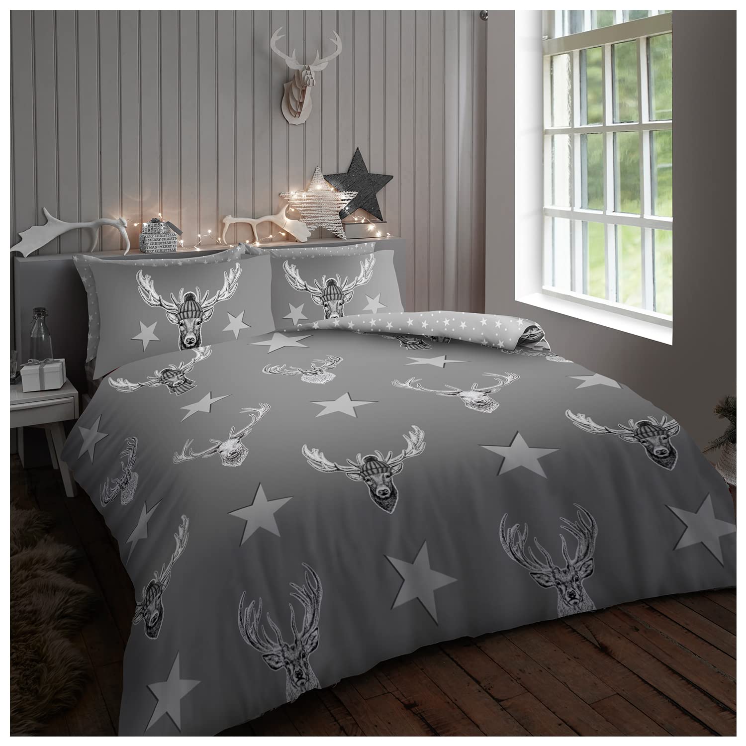 GC GAVENO CAVAILIA Animal Quilt Covers Double, Easycare Stag Duvet Cover With Pillowcases, Reversible Star Bedding 3 Pieces, Grey — image 1