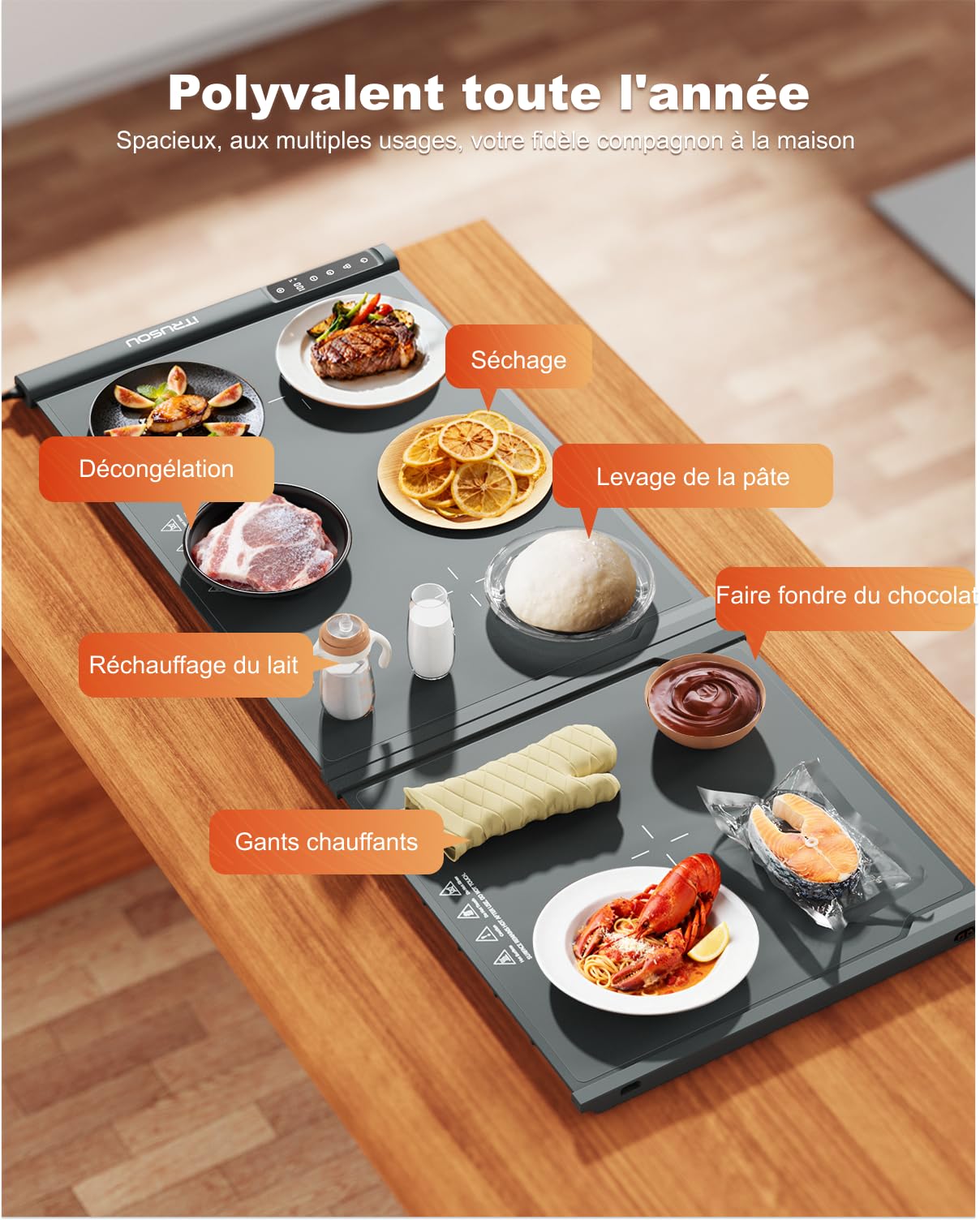 Tapis chauffant XXL pour comptoir 106,7 x 40,6 cm – Plateau chauffant électrique extra large pour buffets, fêtes et repas de famille – 2 pièces enroulables extensibles pour un chauffage rapide sur