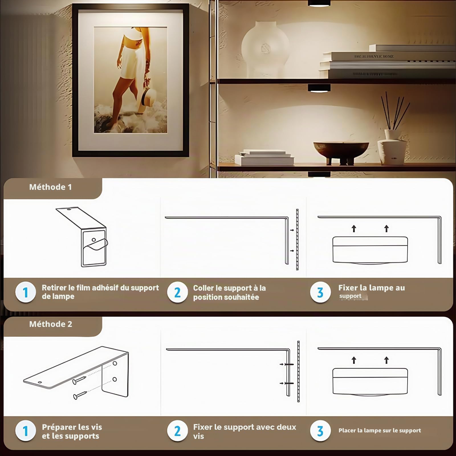 Lot de 4 lampes sans fil lampe magnétique pour tableau, éclairage pour cadre photo, appliques murales LED à piles avec télécommande, intensité variable pour tableaux, murs photo et vitrines
