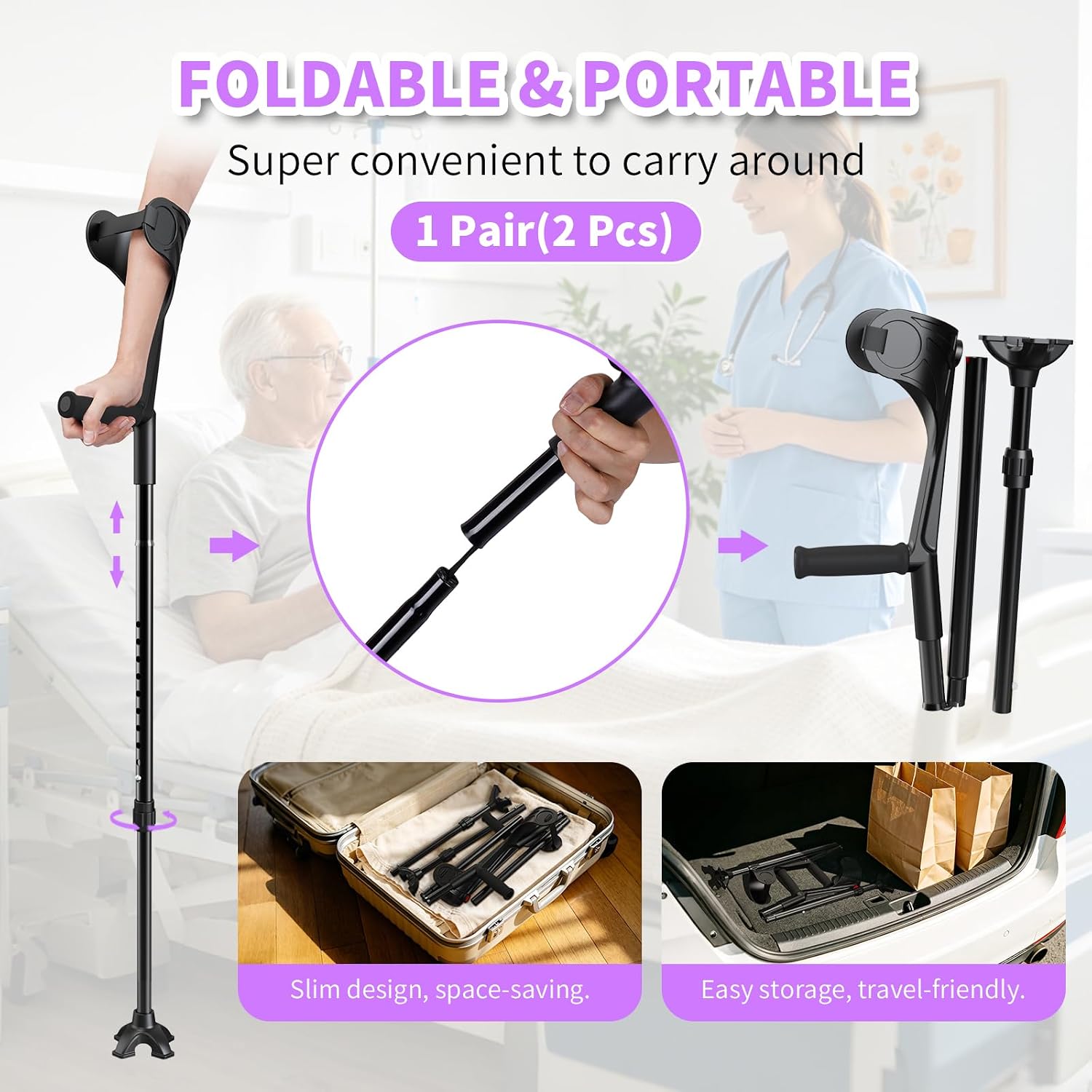 Forearm Crutches for Adults, Folding Ergonomic Elbow Crutches, Non-Slip Crutches for Walking, Crutches for Leg Injury, Surgery Recovery, Disabled Fits 4'11" to 6'1", with Adjustable Strap, FUSHIDE