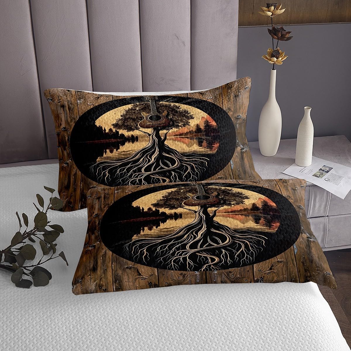 Homewish Vintage Guitar Lake Bedspread Twin Size,Rustic Farmhouse Style Quilt 2Pcs,Tree Branch Nature Scenery Bedding Set for Kids Boys Girls Room Decor,Retro Wooden Print Coverlet Set,1 Pillowcase