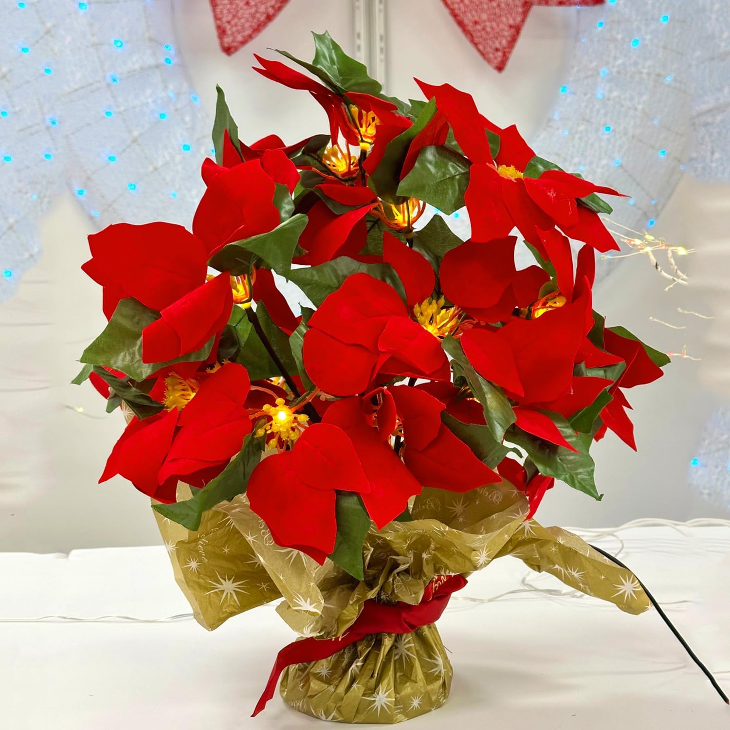 FUCHSUN Christmas Poinsettia Tree Light 18 LED Lighted Artificial Tabletop Poinsettia Flower Tree Lamp for Holiday Home Decoration, Battery & USB Powered, Timer & 8 Lighting Modes