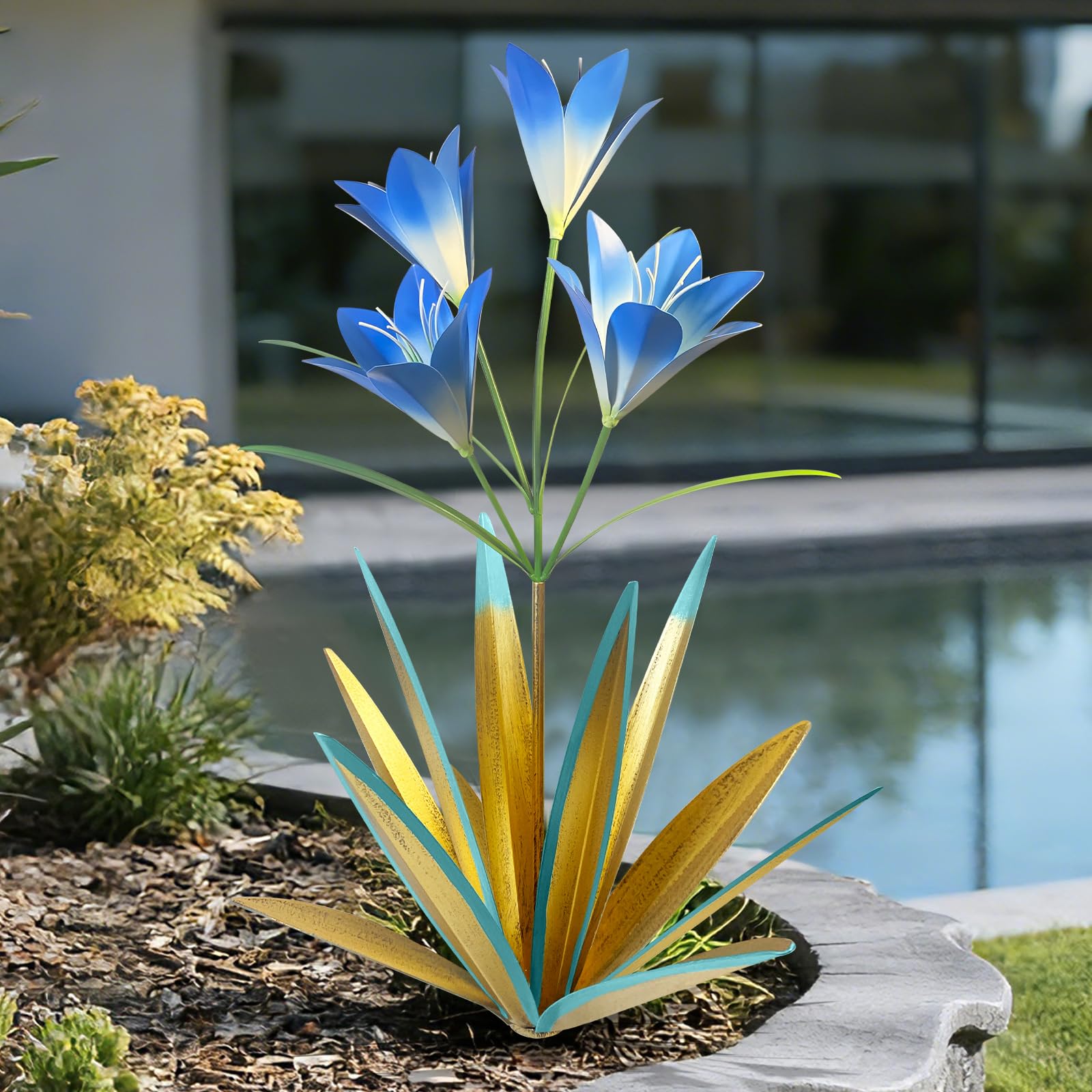 TOMBABY 32.28 Inch Metal Agave Plant Outdoor Decoration Lily Mexican Yard Art Garden Gift Home Decor Hand Painted Metal Agave Garden Yard Statue (1pc, Blue)