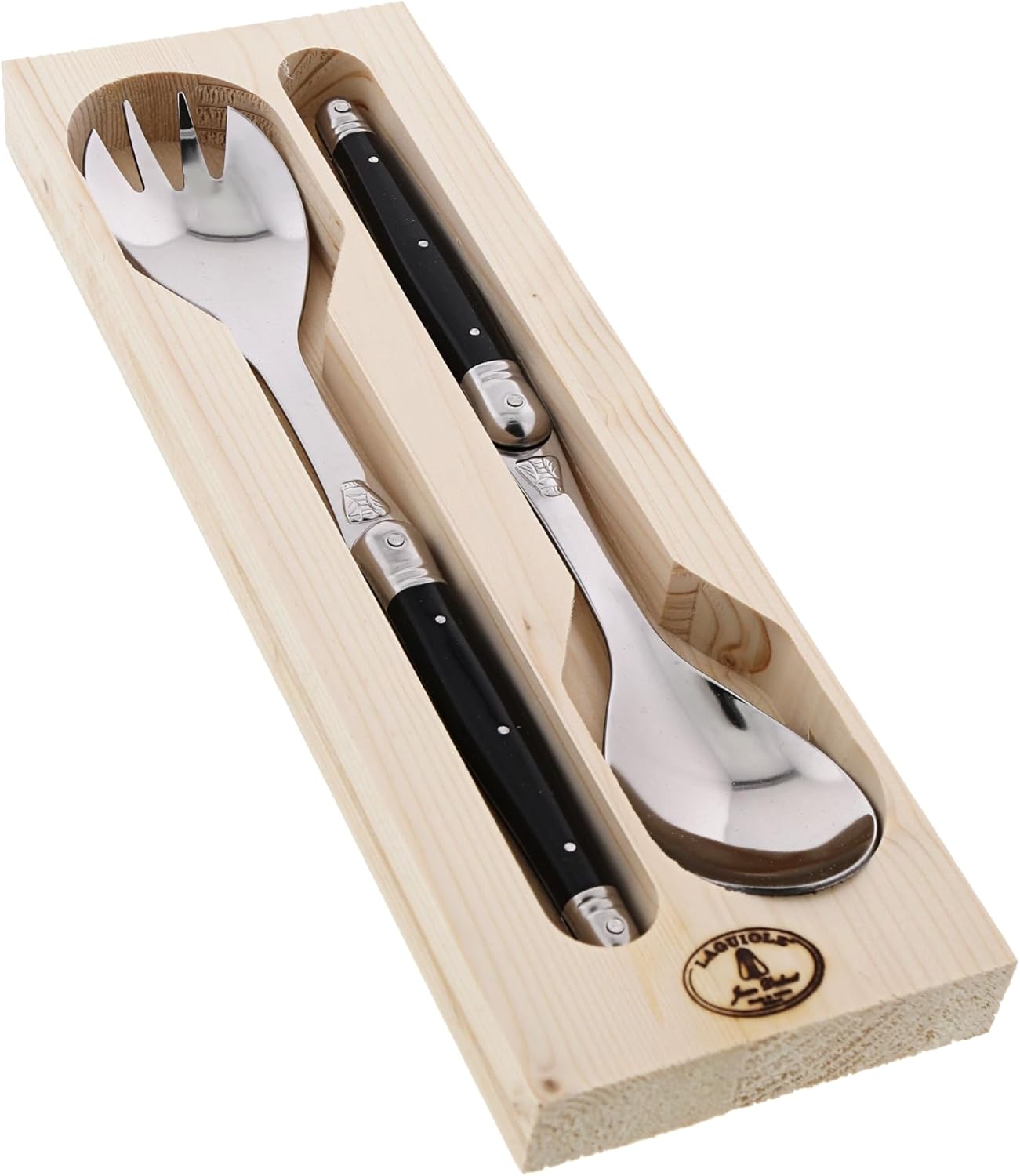 Jean Dubost Salad Servers, Black Handles - Rust-Resistant Stainless Steel - Includes Wooden Tray - Made in France