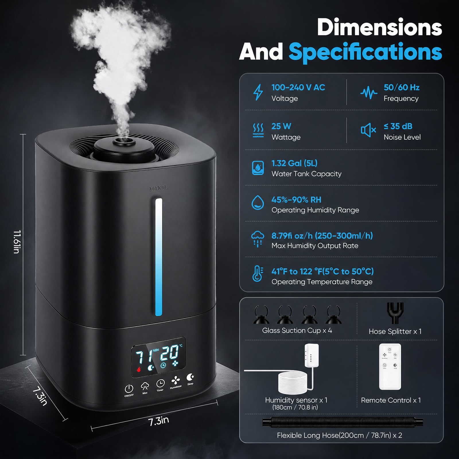 Humidificador para reptiles y plantas, humidificador de terrario de 5 litros con mando a distancia, temporizador y modo de sueño, salida de niebla de 3 niveles, humidificador de relleno superior para