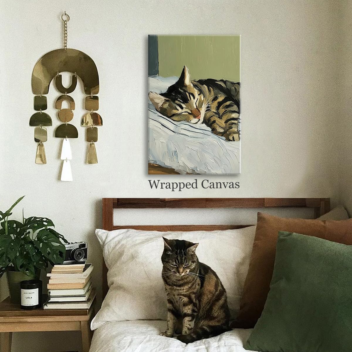 Sleeping Tabby Cat Canvas Wall Art, Cat In Bed Painting Poster, Cute Animal Dark Green Picture for Kids Baby Room, Peaceful Muted Animal Wall Decor for Bedroom Dorm 12x16in Wrapped Canvas