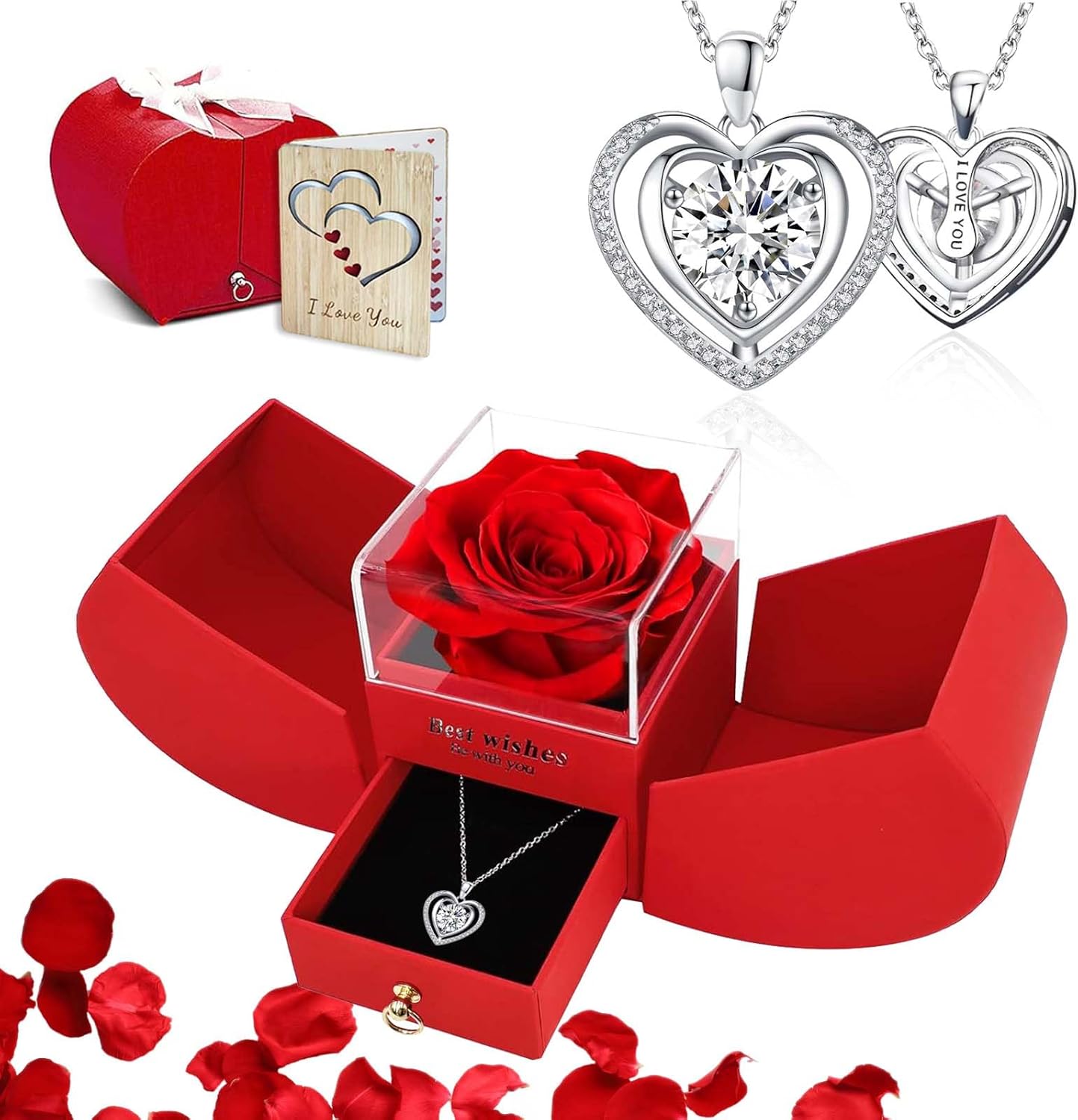 Preserved Red Real Rose with I Love You Necklace, Birthday Gifts for Women Her Mom Wife Girlfriend Grandma on Valentines Christmas Mothers Day Anniversary Romantic-Apr