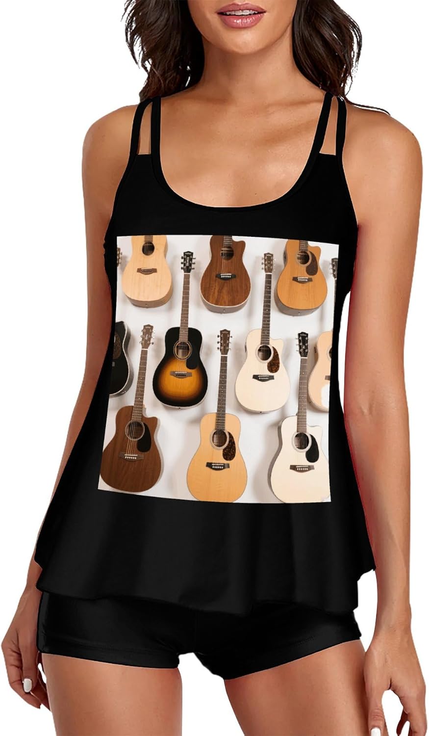 Guitars Tankini Swimsuits for Women Tummy Control Two Piece Bathing Suits Swim Tops with Boy Shorts