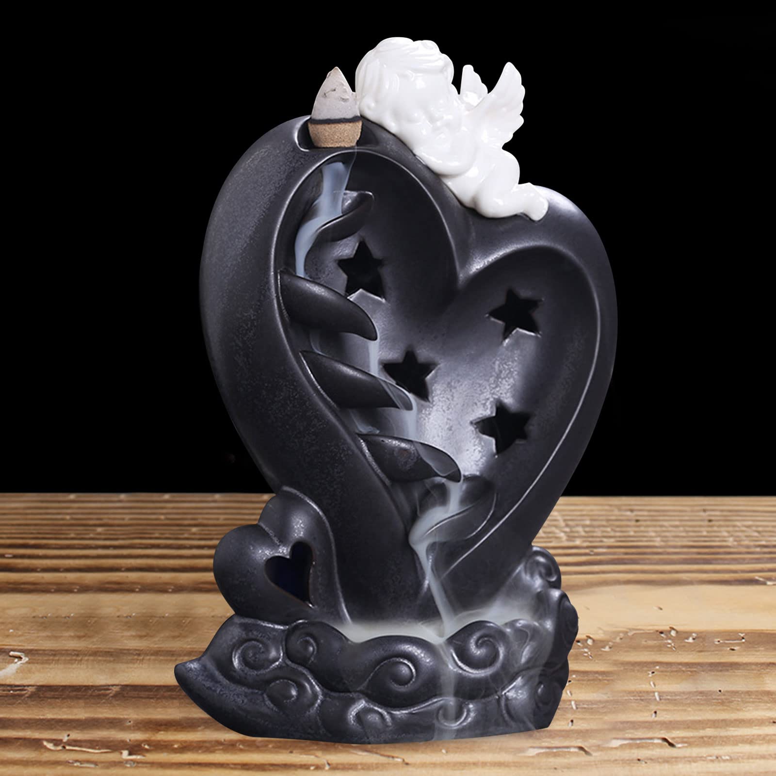 Quemador de incienso de reflujo, incienso de cerámica de ángel con LED, fuente de cascada para conos y palos, aromaterapia, decoración del hogar, regalo de meditación, incienso no incluido