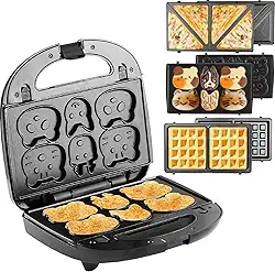 JACKGOLD Máquina De Sanduíche, Waffle E Panqueca Animais Fofos 3 Em 1, Conjunto Café Da Manhã Multifuncional Com Painel Removível, Placas Antiaderentes Para Queijo Grelhado, Atum Derretido, Hambúrgu