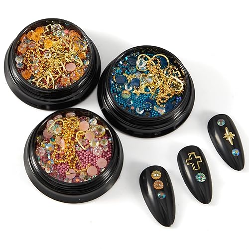 Miniatura 6 de SILPECWEE 6 cajas de diamantes de imitación y dijes para uñas, cadena dorada, dijes de arte de uñas, gemas de uñas 3D, diamantes de cristal, cuentas