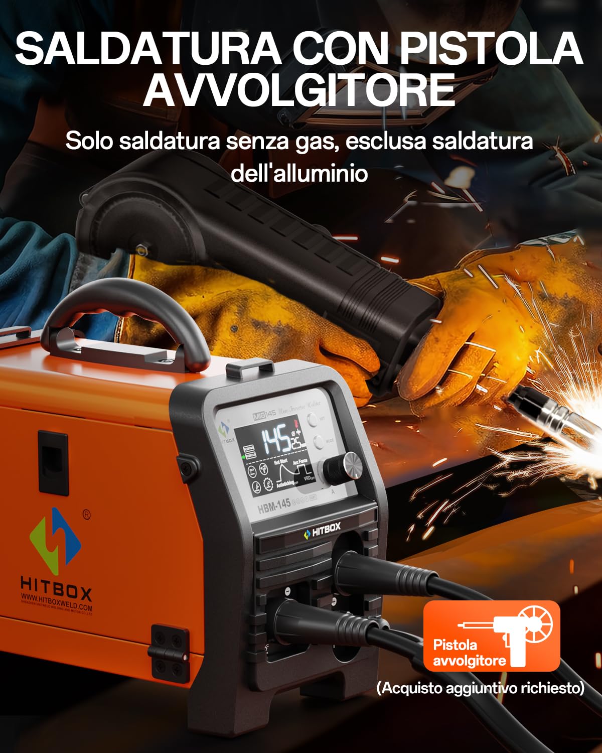 HITBOX 145A Saldatrice a Filo Continuo 4 in 1 – Saldatrice 230V con Display LED – Macchina per Saldatura MIG/ARC/Lift TIG/Spool Gun con Nucleo di Flusso (HBM145)