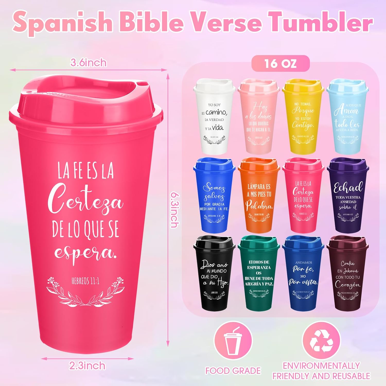 Zhehao Spanish Bible Verse Tumblers Bulk, 16 oz Reusable Plastic Coffee Cups with Lids, Christian Scripture Drinking Cups for Church Events, Teacher Appreciation, Spring Gifts(Colorful,72) - Image 2