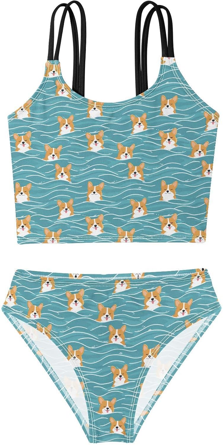 Girls Two Piece Swimsuits Smile Corgi Waves Bikini Set Swimwear Kids Bathing Suit for Girls 5-12 Years
