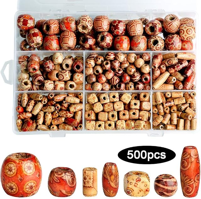 500Pcs African Beads for Hair, Mixed Painted Drum Wood Spacer Beads, Long Barrel Beads, Natural Round Wooden Loose Beads for DIY Macrame Crafts Bracelet Necklace Jewellery Making (7 Shapes)