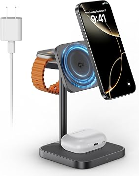 [Qi2 Certified ] LULULOOK 3 in 1 Charging Station, 15W QI2 Wireless Charger Stand Magnetic Charger for iPhone 17/16/15/14/13/12 Series, AirPods Pro/3/4, Apple Watch with 30W PD Adapter