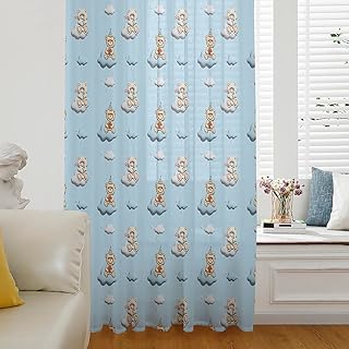 Cartoon Bear Semi Sheer Curtains Drapes for Living Room, Bedroom, French Doors Window 84 Inches Long, Rod Pocket Chiffon Curtain Drapery Voile Draperies Panel Funny Cute Blue White Creative Animal