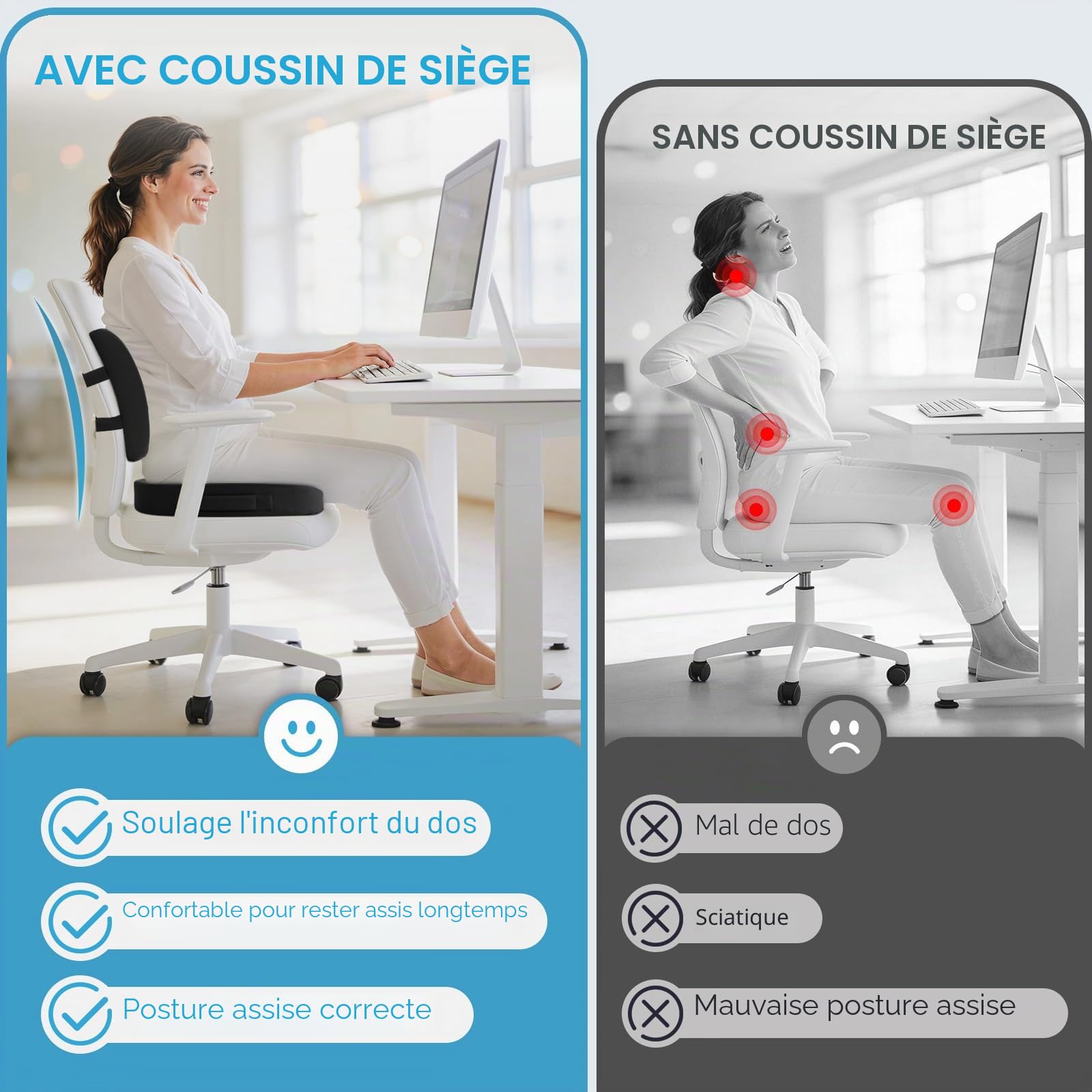 CushZone Coussin de siège, coussin de soutien lombaire avec sangle réglable - Coussins de chaise pour soulager la douleur sciatique - Avec housse lavable en mousse à mémoire de forme pour voiture,