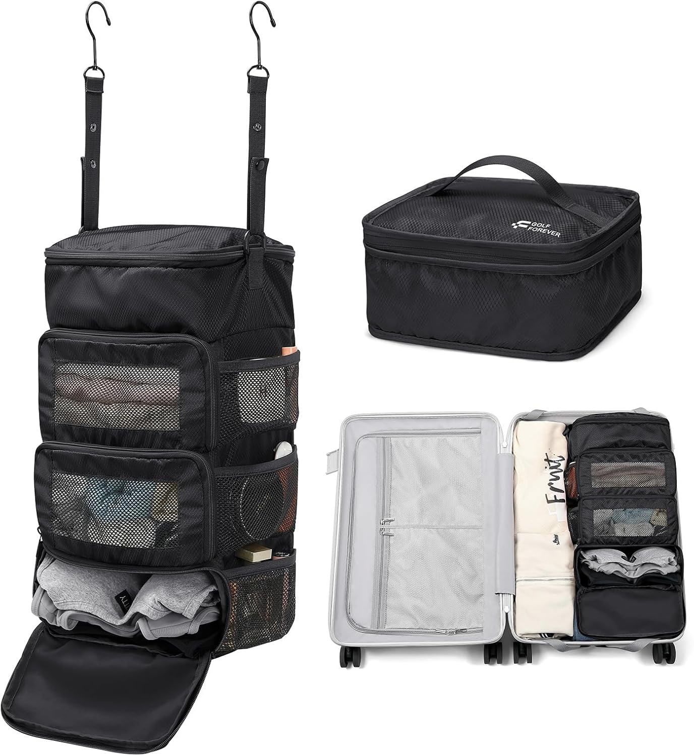 Multi-layer storage bag Casual simple Luggage Packing Organizer with Hook,Clothing Underwear Bag,Carry On Closet,Classic black