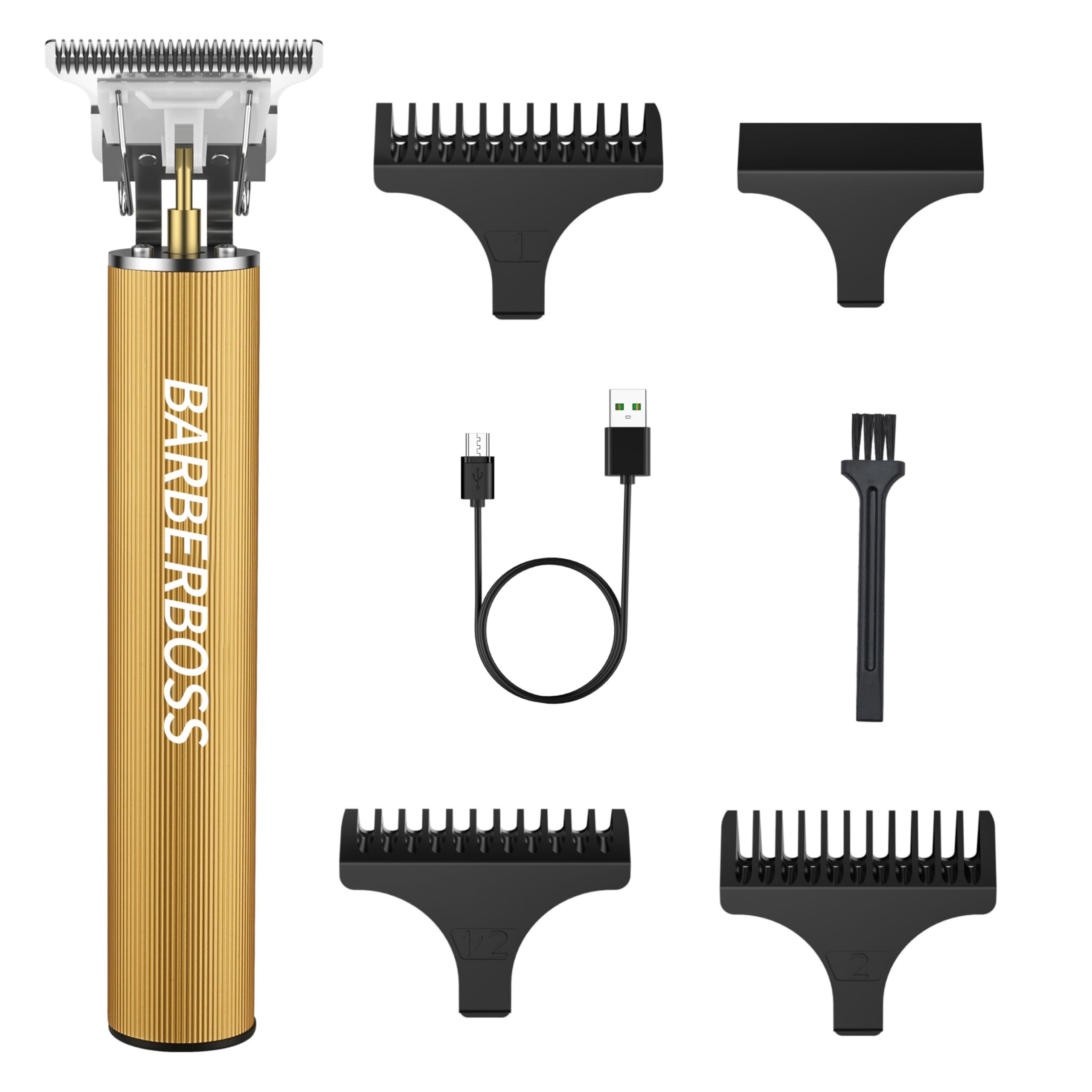 BarberBoss T-Blade Hair & Beard Trimmer, Cordless Men’s Detail Clipper, USB Charging, 3 Precision Combs, Men’s Grooming Tool for Face, Neckline & Hairline (Gold)