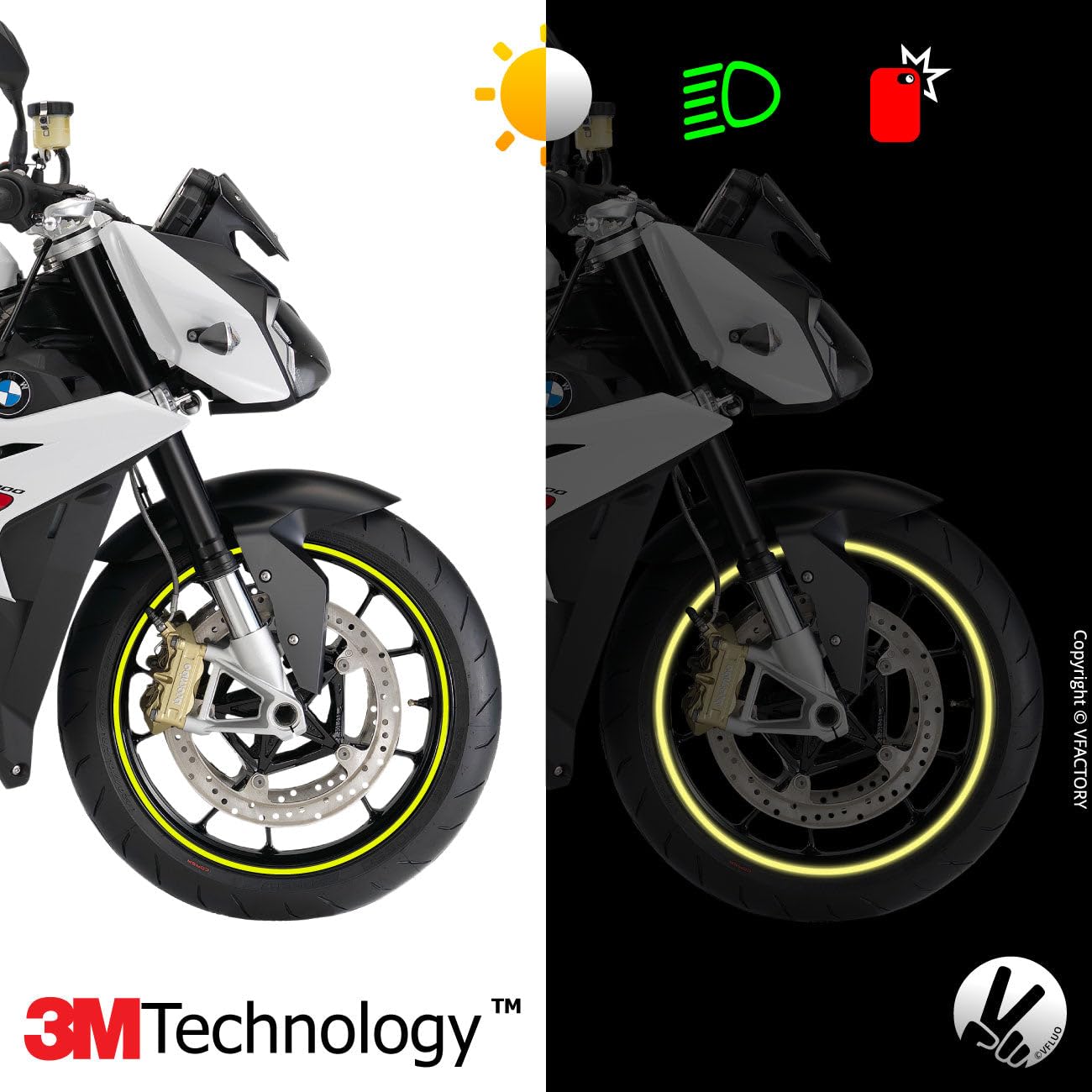VFLUO - Kit Pegatinas Llantas de Moto Reflectantes, Autoadhesivas para 1 Rueda, 3M Technology™ - Gran Visibilidad Lateral - Discreto y diseño - Fácil colocación — view 2