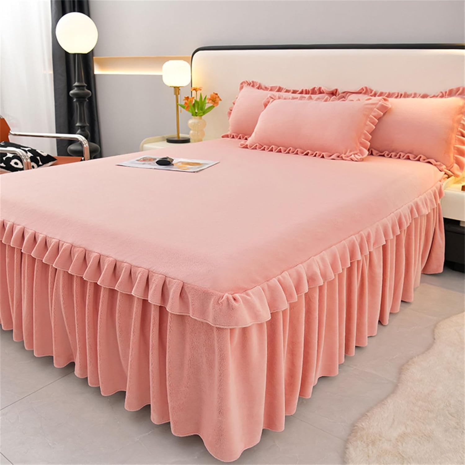 Drap de lit avec jupe et volants rose 200x220 en textile premium léger et doux