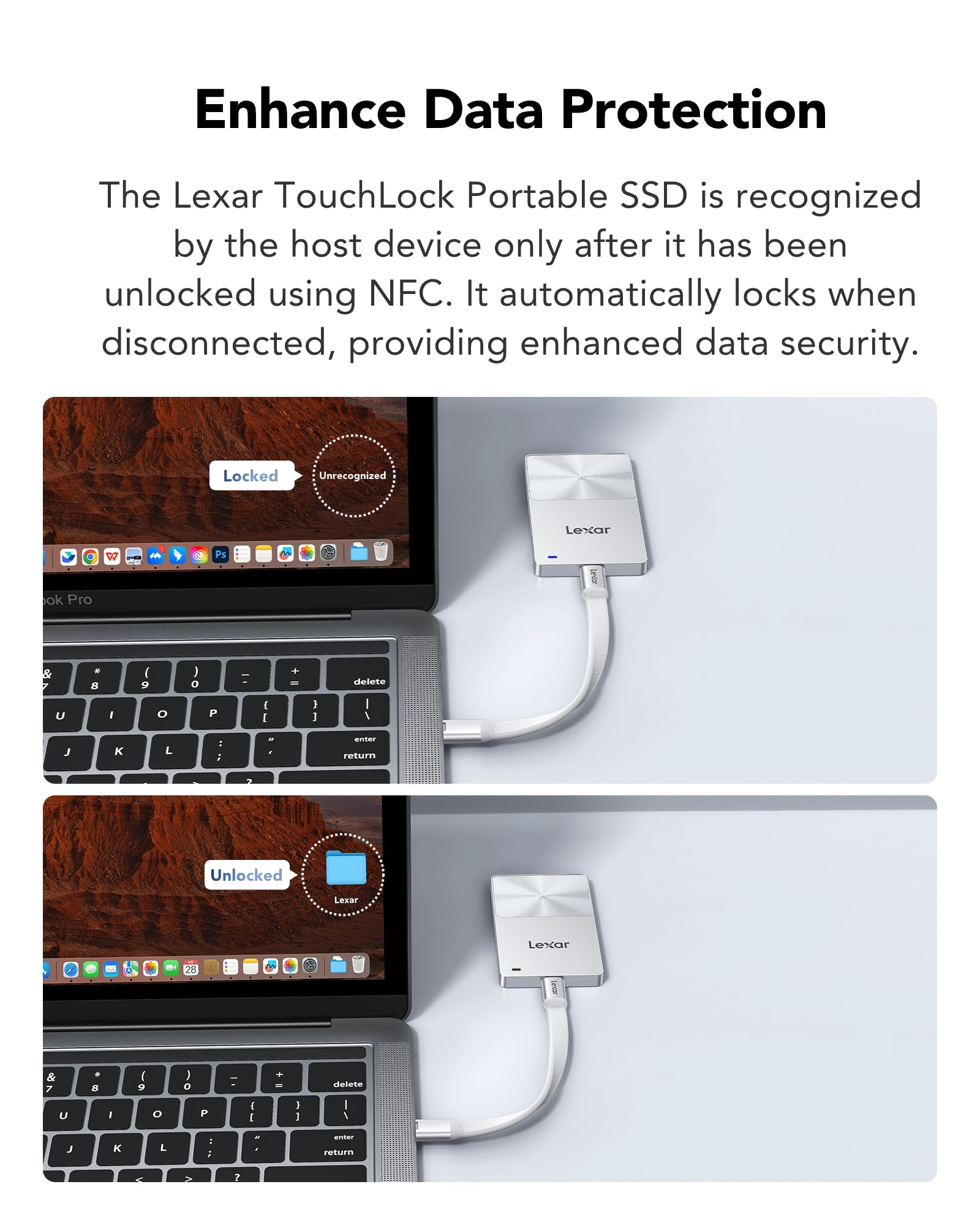 Lexar TouchLock Portable SSD 1To avec Authentification NFC par Chiffrement en Un Seul Geste, Disque SSD Externe USB 3.2 Gen2, Compatible avec iPhone 17/16, Tablettes et PC.