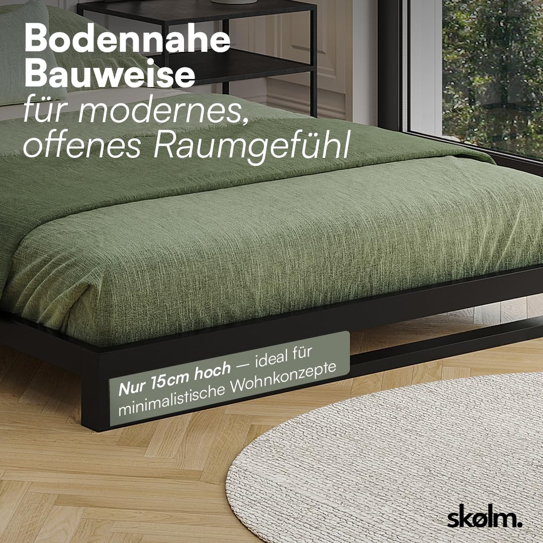 skølm Vidar Metallbett 140x200 cm – Bett aus Metall mit Lattenrost – stabiles Metall Bettgestell Schwarz – Bettrahmen geeignet als Doppelbett – Doppelbettgestell 15 cm hoch – Gästebett