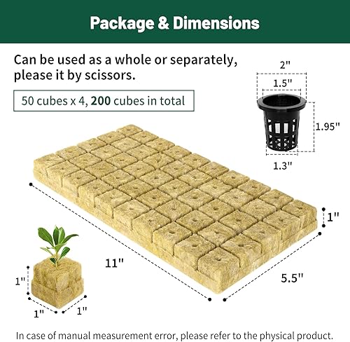 Miniatura 2 de Cubos de lana de roca de 1 pulgada para hidroponía, 200 tapones con 50 macetas de red de 1.5 pulgadas, suministros hidropónicos tazas para enraizar,