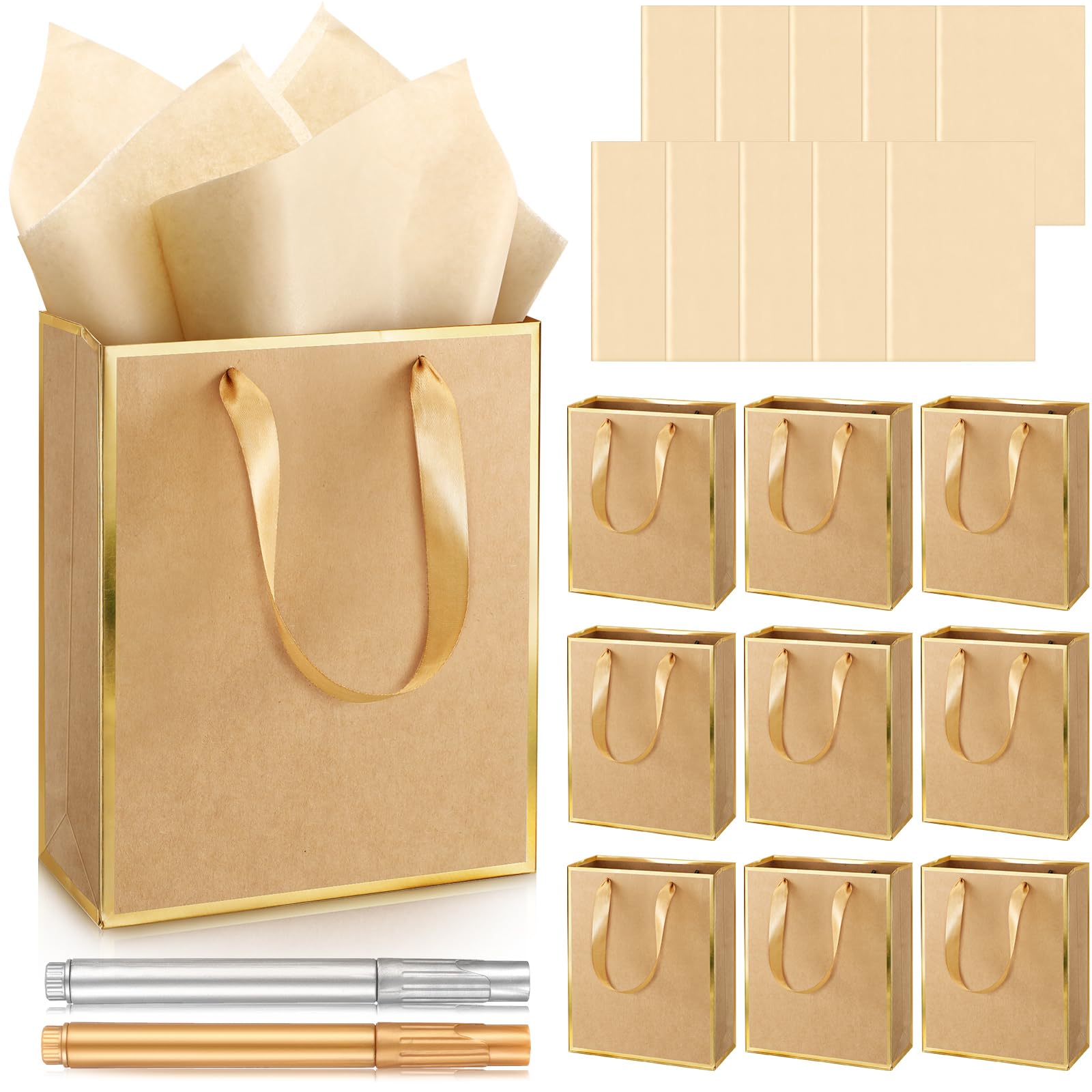 Yeaqee 10 Pack Metallic Paper Gift Bags with Handle Tissue Paper Thank You 5 Senses Gift Bag for Birthday Wedding Baby Shower Groomsmen Bridal Graduation Party Favor 9 x 7 x 3.15''(Kraft,Gold)
