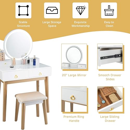 Miniatura 4 de Nightcore - Juego de tocador de maquillaje con espejo redondo iluminado, escritorio de tocador con taburete acolchado, 4 cajones modernos para niñas