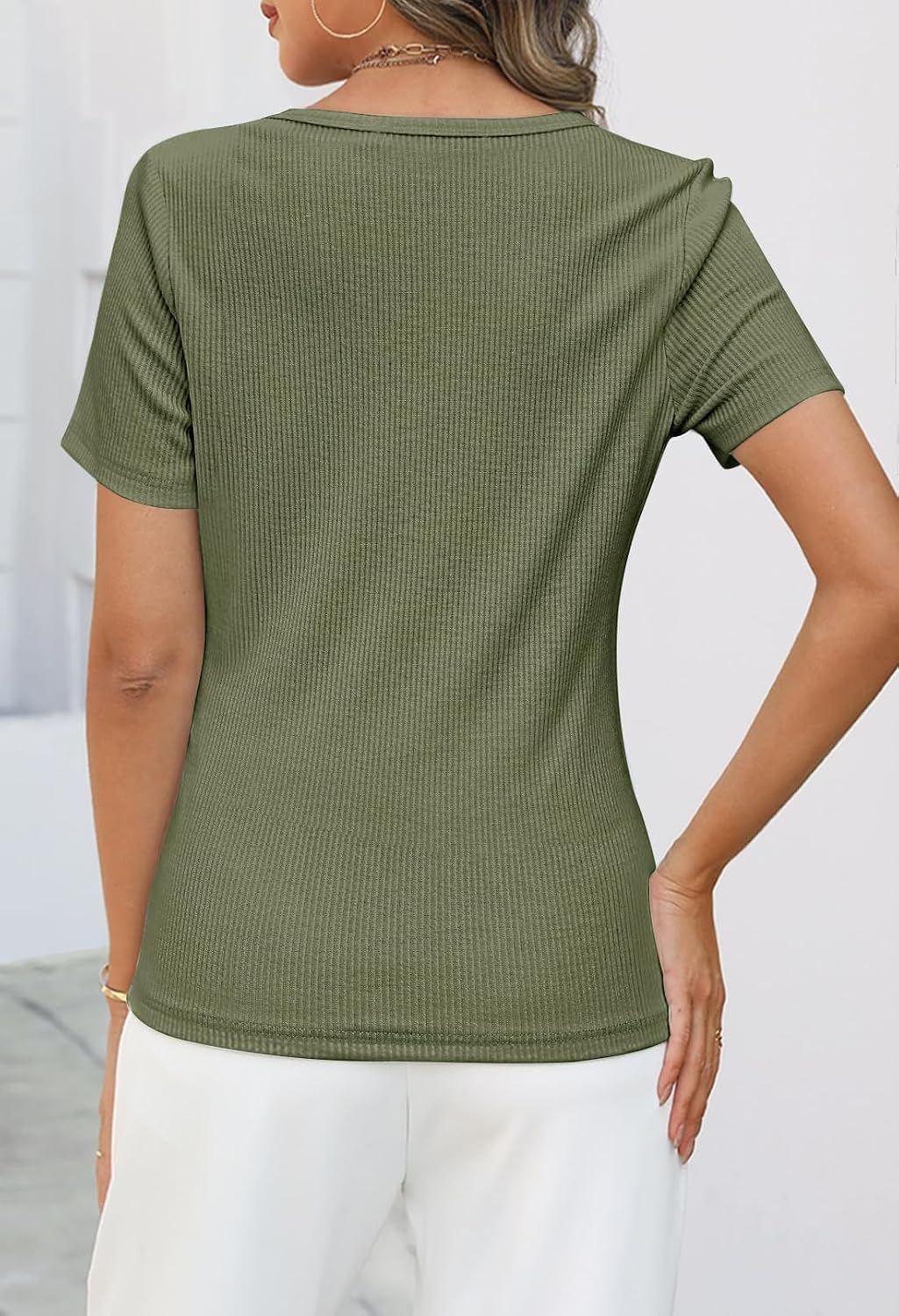 MEROKEETY Women's 2026 Summer Short Sleeve Tops Casual V Neck T Shirts Ribbed Knit Henley Button Basic Blouse