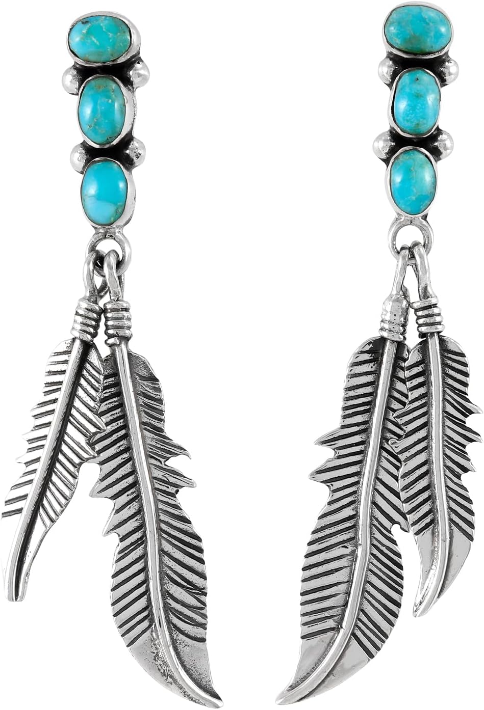 Feather Turquoise Earrings 925 Sterling Silver & Genuine Gemstone