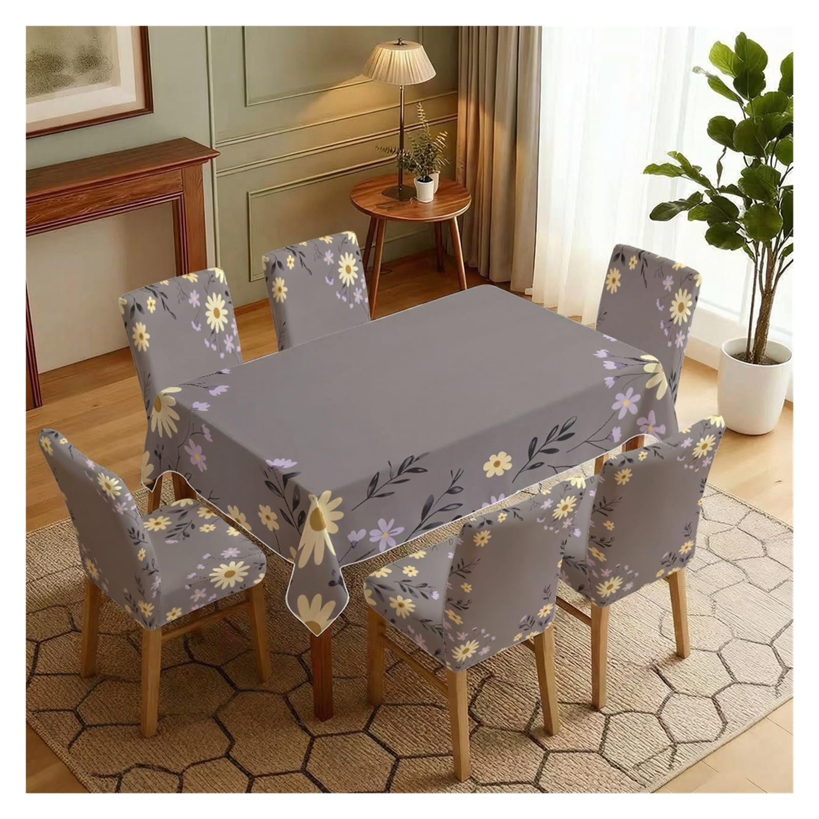 KXUAUV Grey Base Yellow Daisy Floral Print Dining Tablecloth & Chair Covers Set, 5/7 Piece Simple Minimalist Cottage Dining Decor Party Decor(7pcs Set: Tablecloth+Chair Covers)