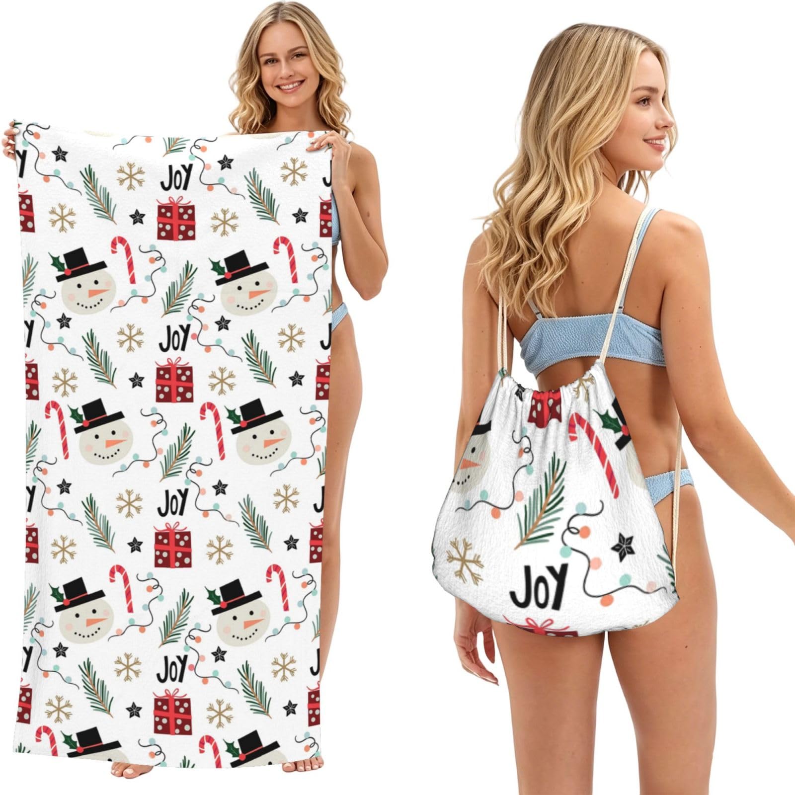 Poadnly As Picture Christmas With Snowman, 2 In 1 Packable Towel Bag, Beach Towels With Drawstring Backpack For Travel Holiday Camping