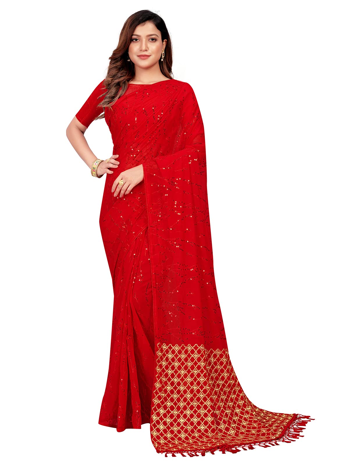 Granthva FabWomen's Sequined Embroidered Georgette Fancy Saree with Blouse Piece
