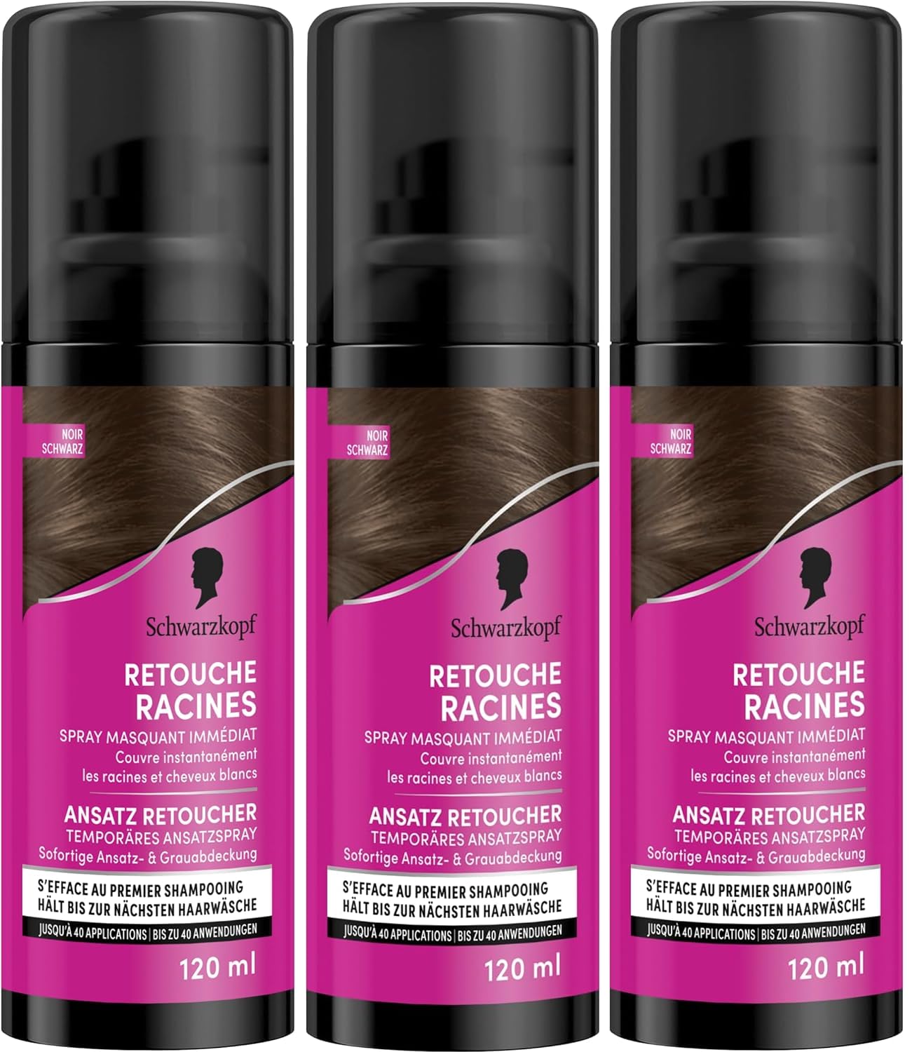 Schwarzkopf - Lot de 3 Retouche Racines Cheveux Blancs - Spray Masquant Temporaire Racines Cheveux - S’efface au premier shampooing - Noir