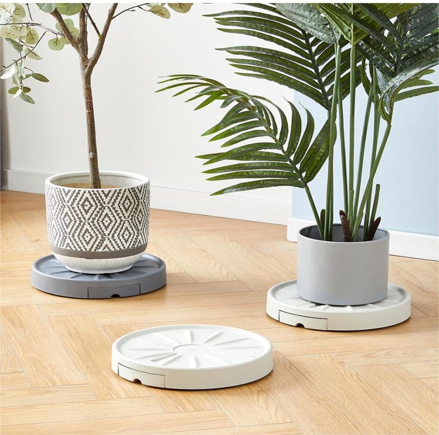 Lot de 2 bacs à fleurs ronds de 33 cm avec roulettes mobiles invisibles, chariot de fleurs avec réservoir d'eau, pour la maison, le jardin, le bureau (gris, Polypropylène, 33 cm, 37 cm, 6 cm)