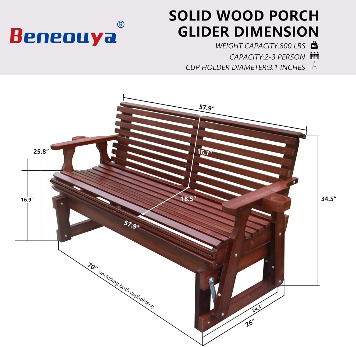 5FT Outdoor Glider with Cupholders, High Roll Back, 3-Seater Glider Chair, Outdoor Glider Bench with 800 LBS Capacity for Backyard, Porch, Balcony, Dark Brown