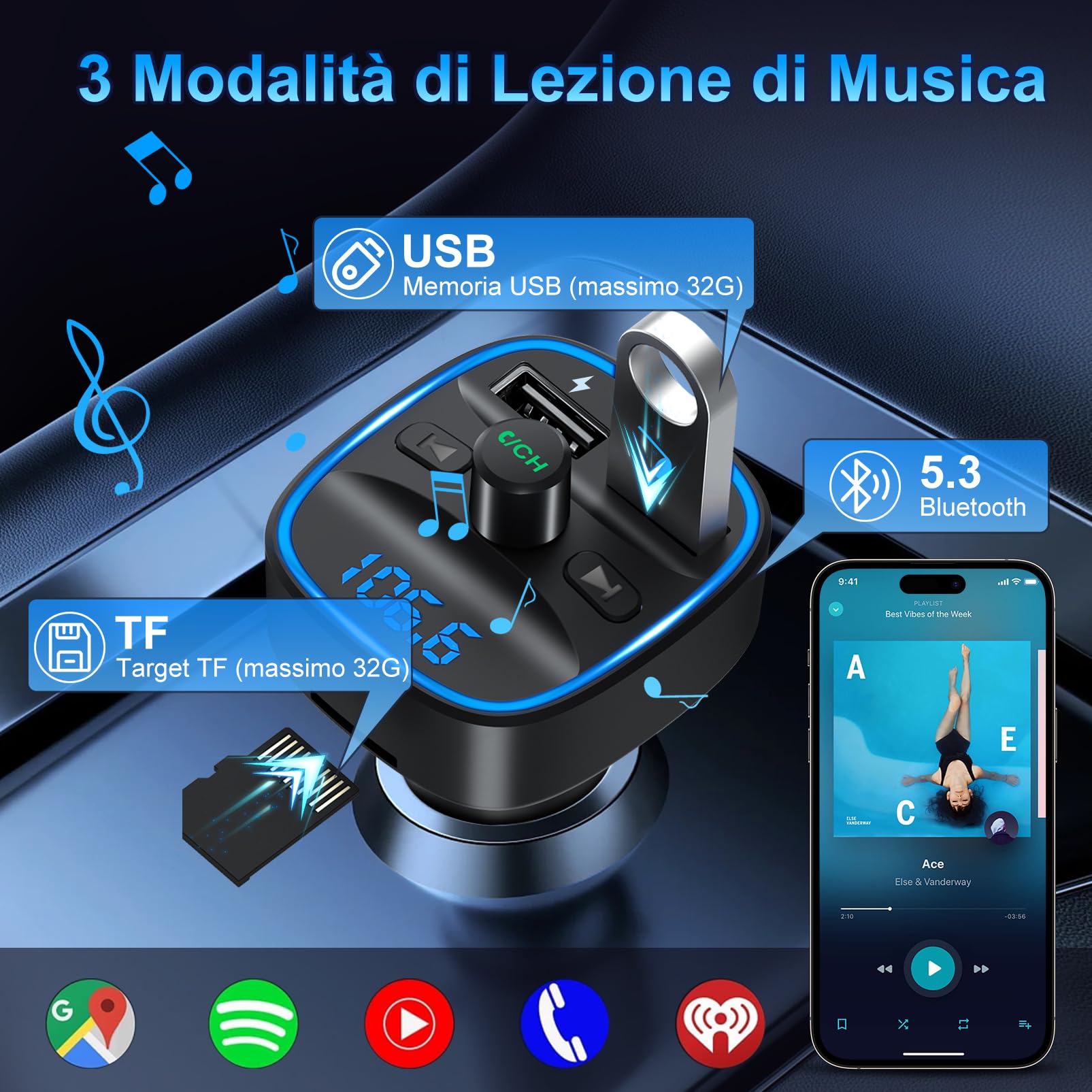 Trasmettitore FM Bluetooth 5.3 per Auto Radio, Adattatore Bluetooth Auto con 2 Porte USB, Kit Vivavoce MP3 Audio Lettore Caricabatterie Auto Supporto BT, Scheda TF, Disco USB