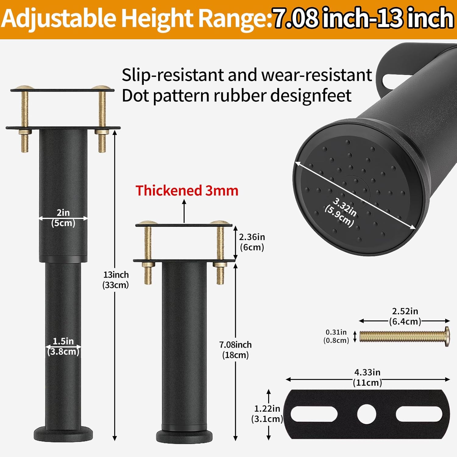 VinBee Bed Support Legs,Adjustable Bed Legs 7.08–13 inch,Adjustable Furniture Legs Heavy Duty Bed Frame Support Leg Replacement for Furniture & Platform Slat Supports 4 Pack