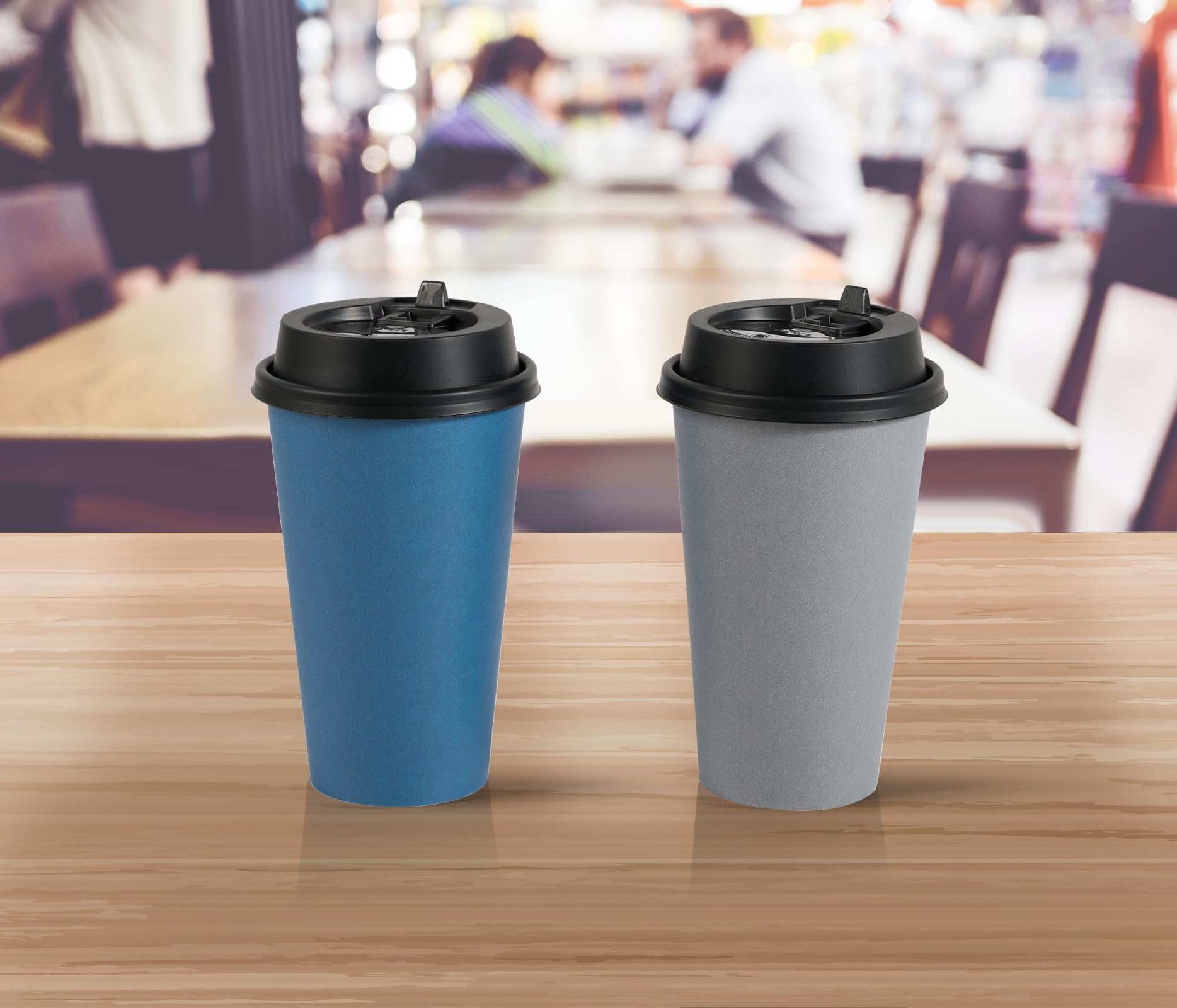Lot de 100 gobelets à café jetables en carton avec couvercles pour café froid/chaud, eau, jus ou thé - 473 ml - Pour la maison, le restaurant, le magasin et le café - Bleu et gris