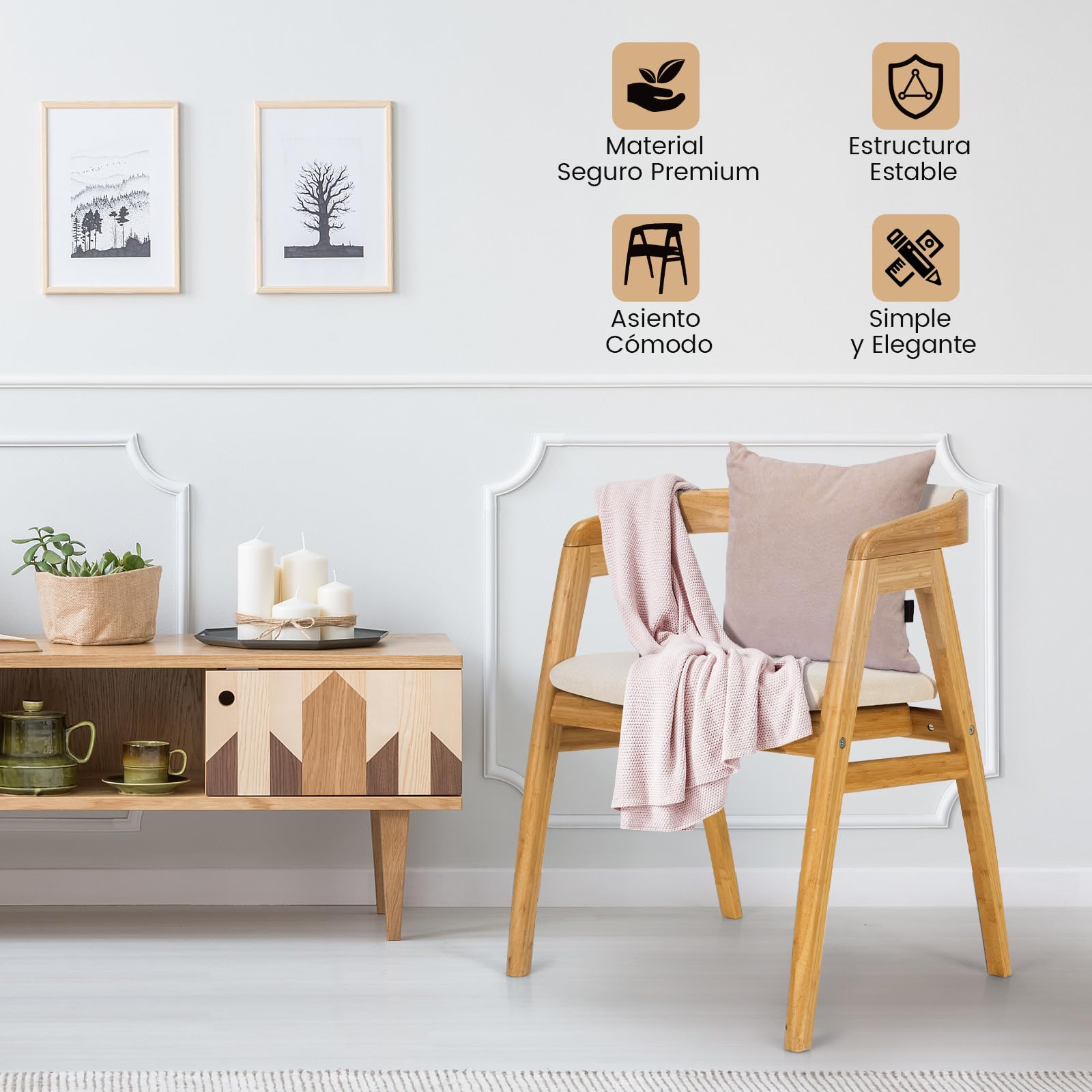 COSTWAY Silla Comedor de Bambú, Silla Tocador con Respaldo Curvo y Cojín, Sillas Salon Cocina Dormitorio, Natual, 57 x 54 x 73 cm