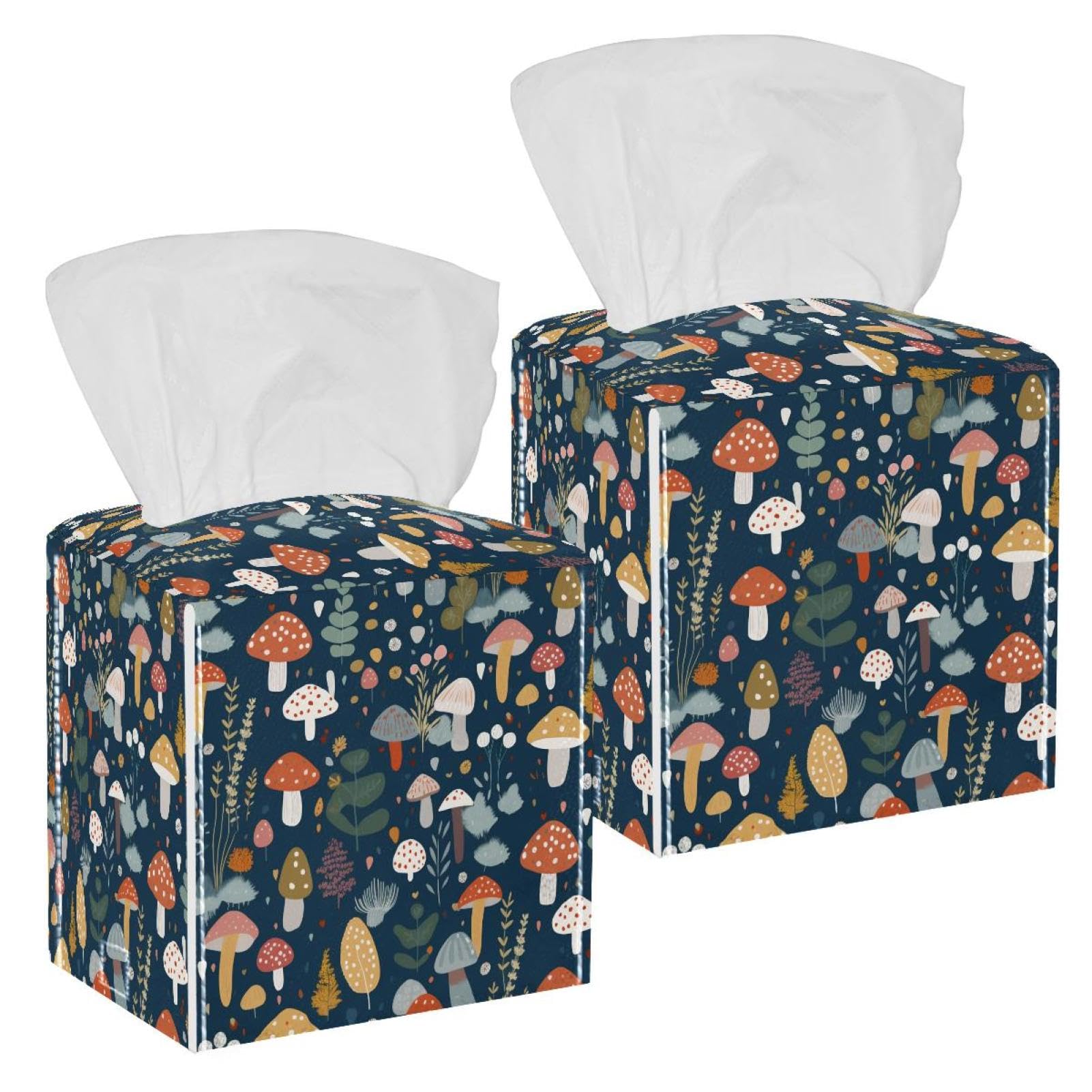 Colorful Mushroom Tissue Box Cover, 2 Pack PU Leather Square Facial Tissue Dispenser Box holder for Home Office Car